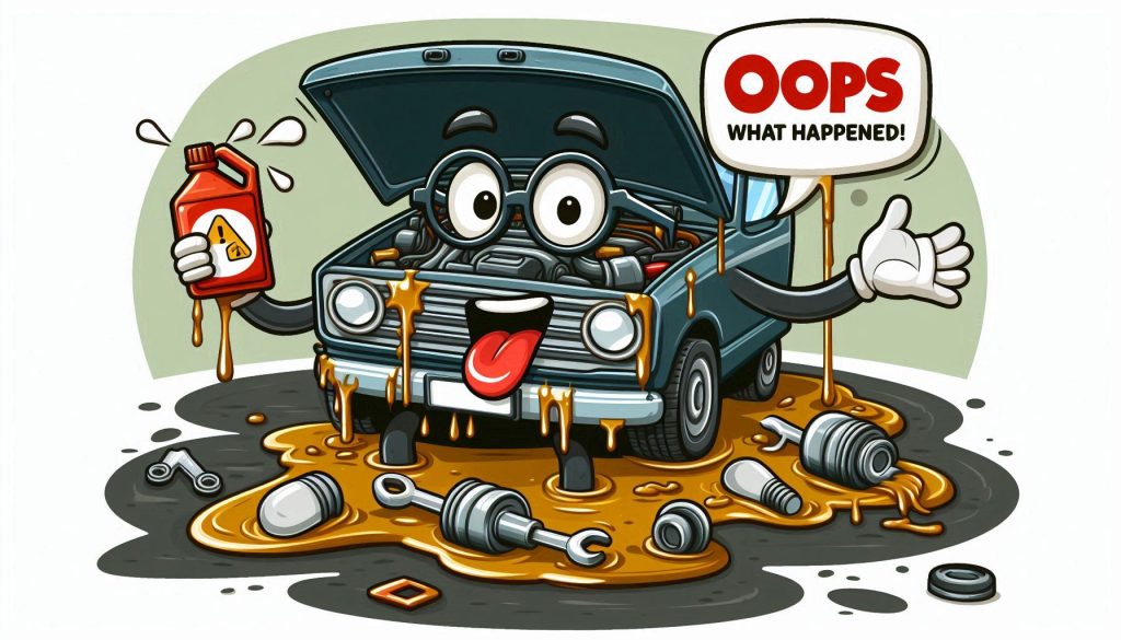 Cartoon Caricature of a car with eyes arms and a mouth saying oops what happened and oil pouring everywhere