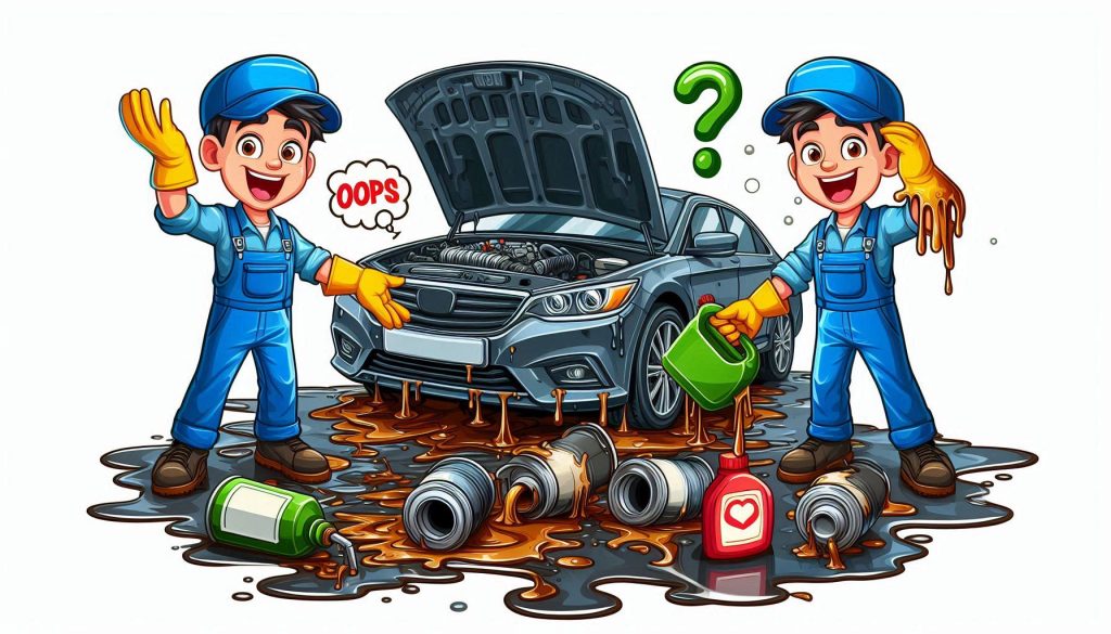 Graphics Cartoon Caricature of two mechanics with engine oil pouring all over